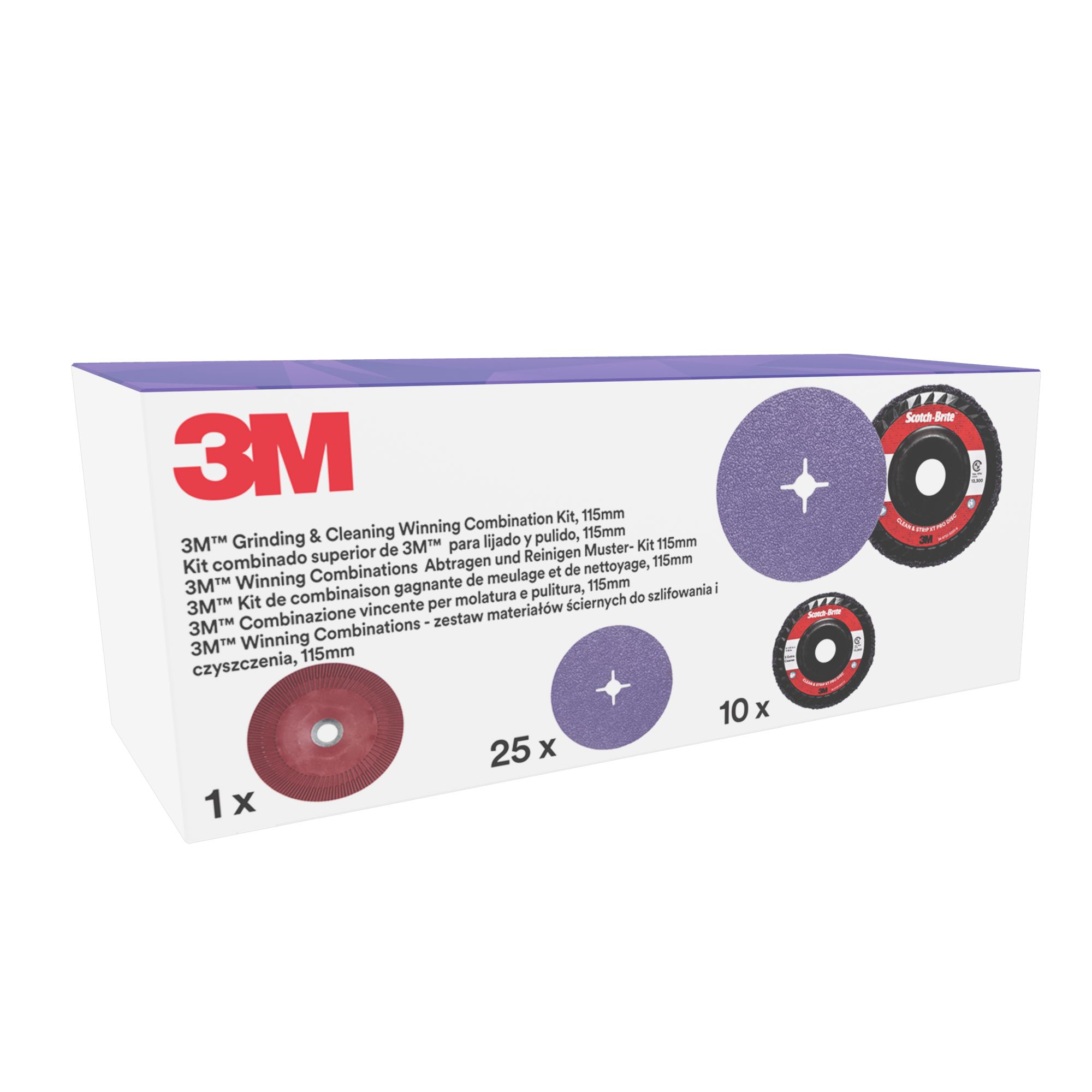 El Kit de esmerilado y limpieza de 3M™, incluye el disco 982CX y XO-RD de 115 mm, con 1 almohadilla para el disco de fibra, 1 unidad/Kit.