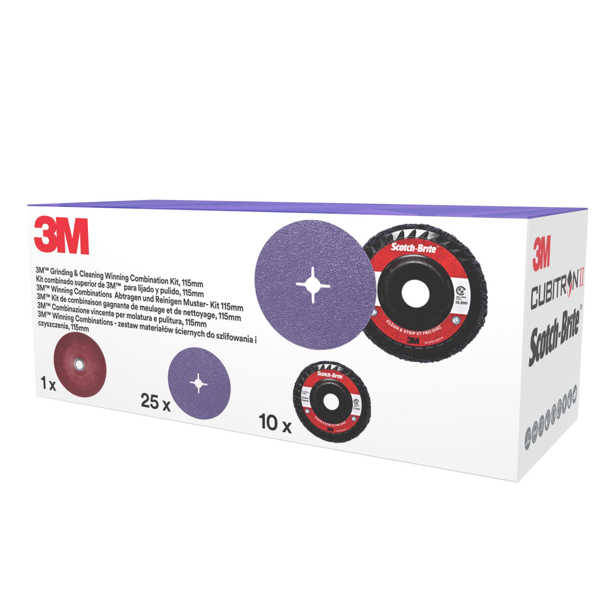 El Kit de esmerilado y limpieza de 3M™, incluye el disco 982CX y XO-RD de 115 mm, con 1 almohadilla para el disco de fibra, 1 unidad/Kit.
