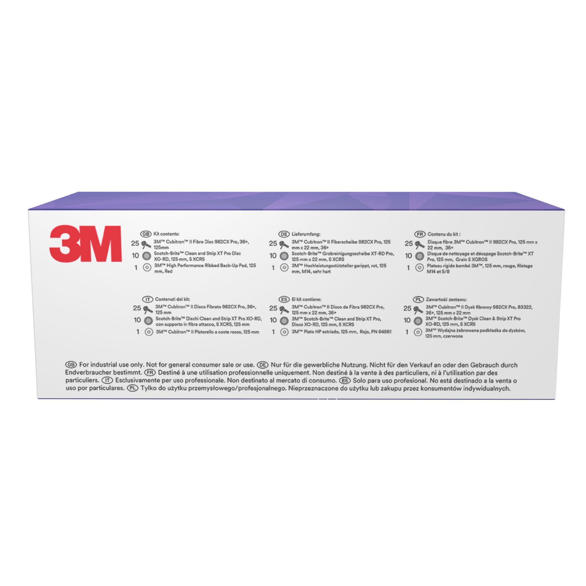 El kit de esmerilado y limpieza de 3M™, incluye el disco 982CX y XO-RD de 125 mm, con 1 almohadilla de respaldo acanalada de disco de fibra, 1 unidad/Kit.