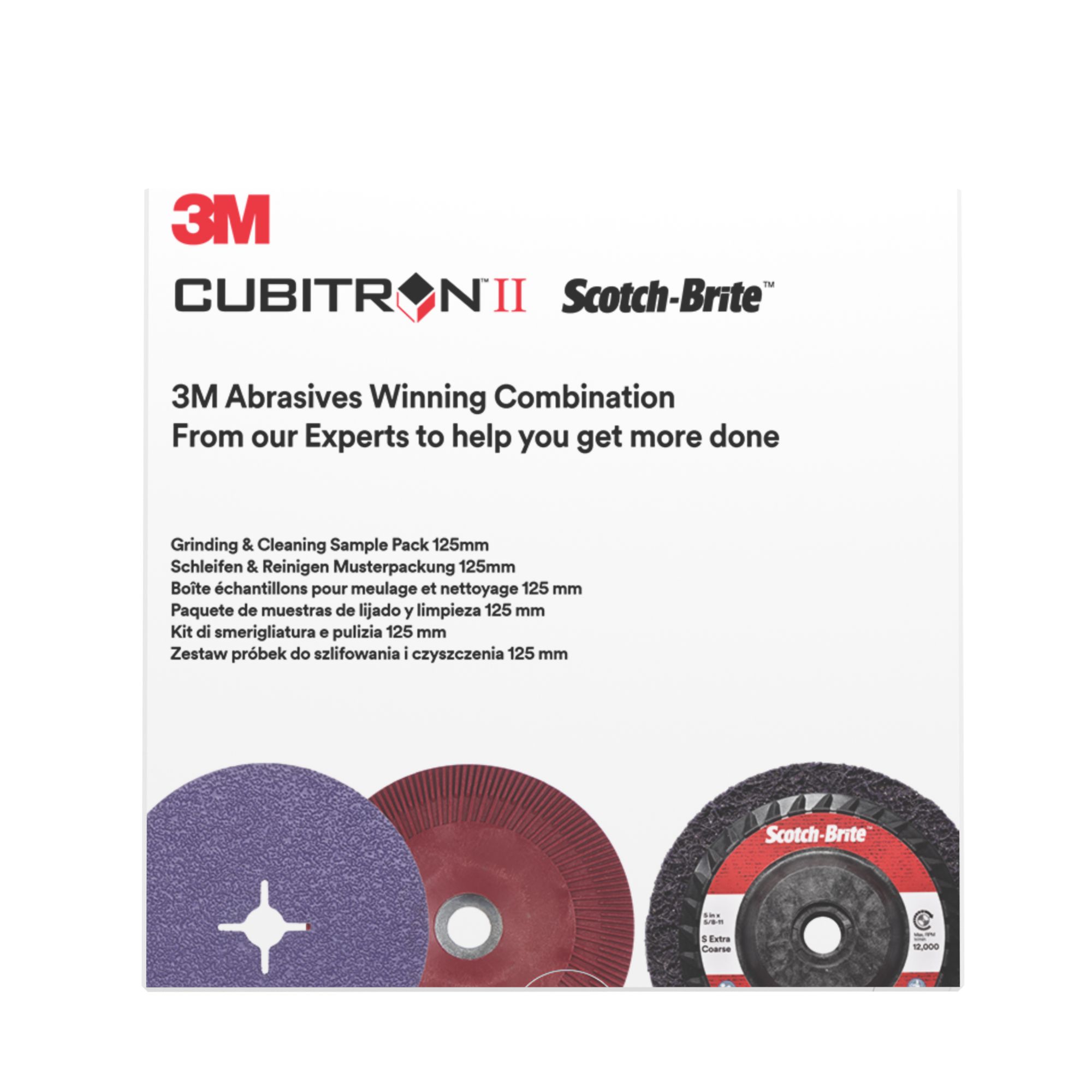 El kit de esmerilado y limpieza de 3M™, incluye disco 982CX y XO-RD de 125 mm, con 1 almohadilla de respaldo acanalada de disco de fibra, muestra