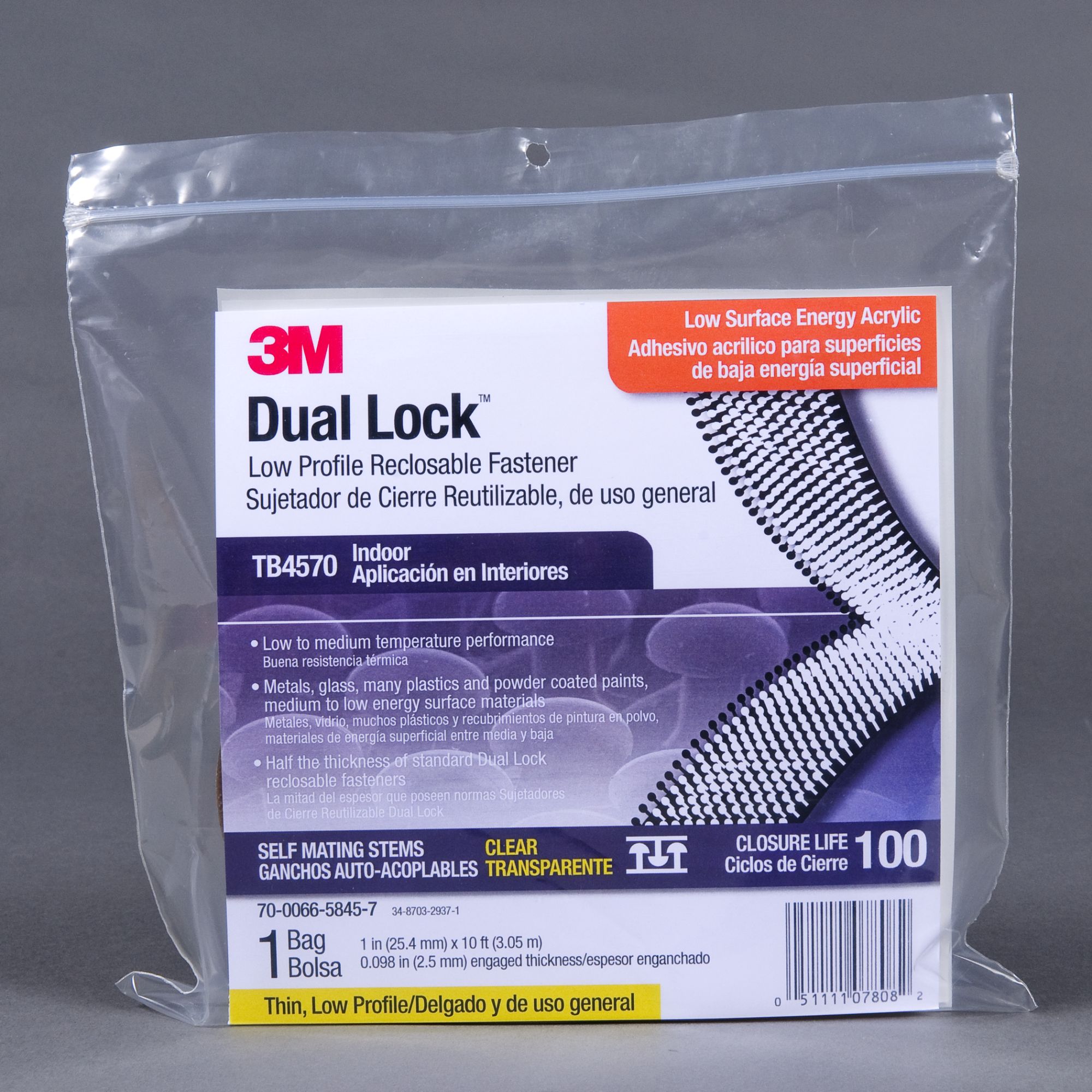 3M™ Dual Lock™ Sistemas de Unión Desmontable de bajo espesor TB4570, Transparente, 25 mm x 3 m, 1.7 mm