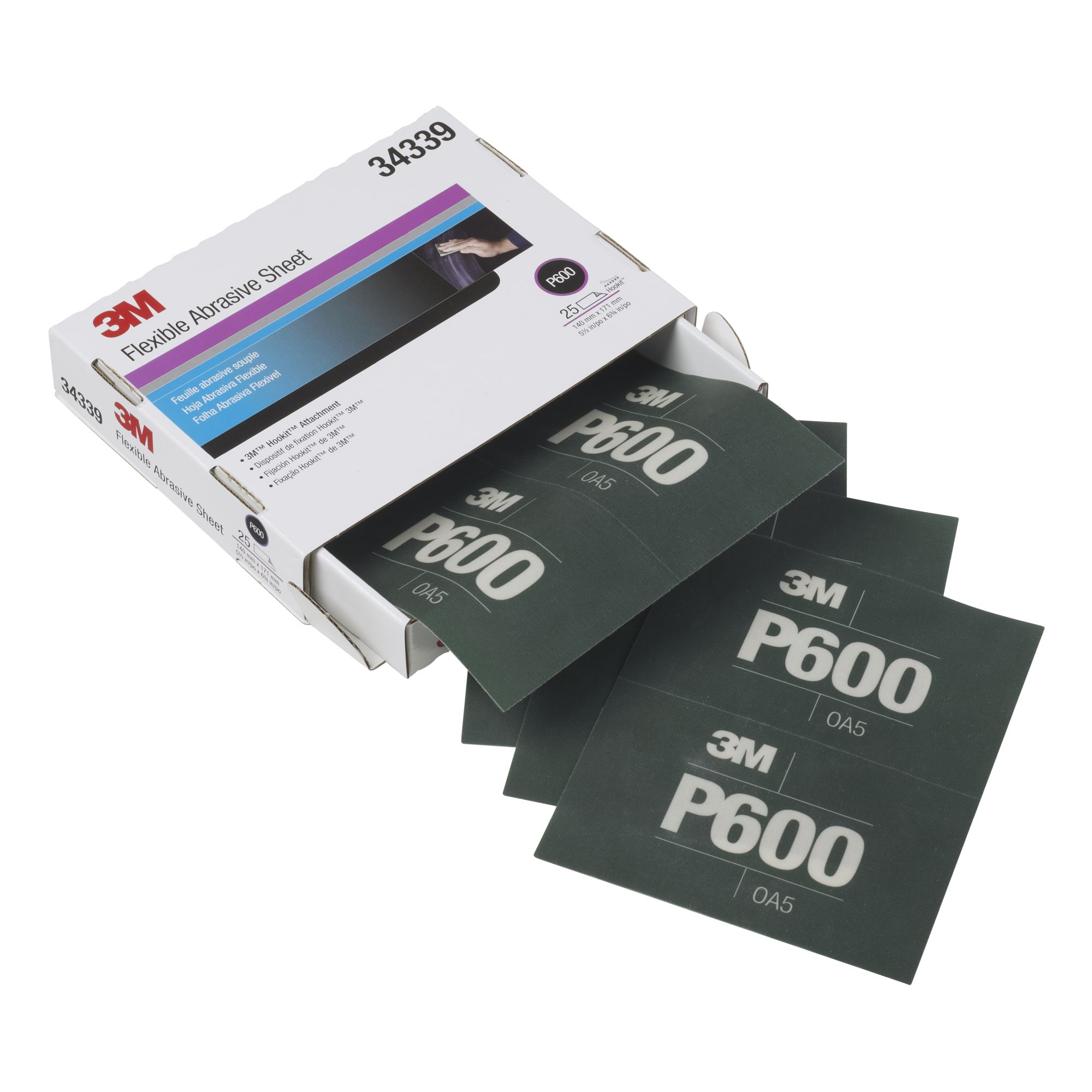 3M™ Hookit™ Hoja manual abrasiva flexible 270J, 140 mm x 171 mm, P600, 34339