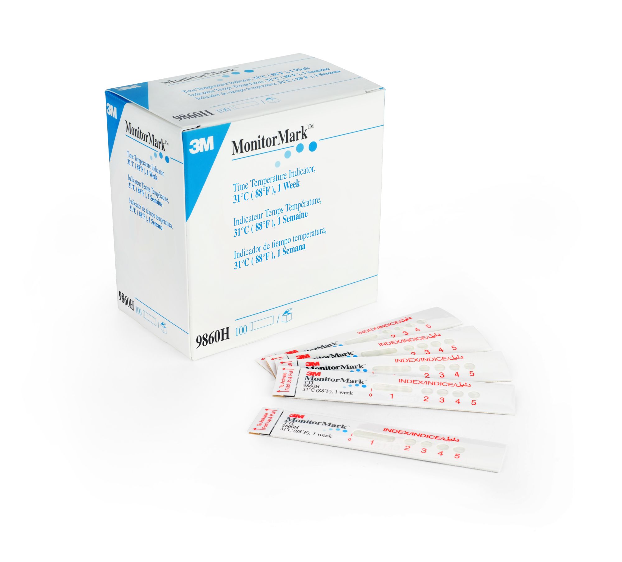 Indicador de tiempo/temperatura 3M™ MonitorMark™ 9860H, 31 °C (88 °F), tiempo de registro: 1 semana; caja de 500 unidades