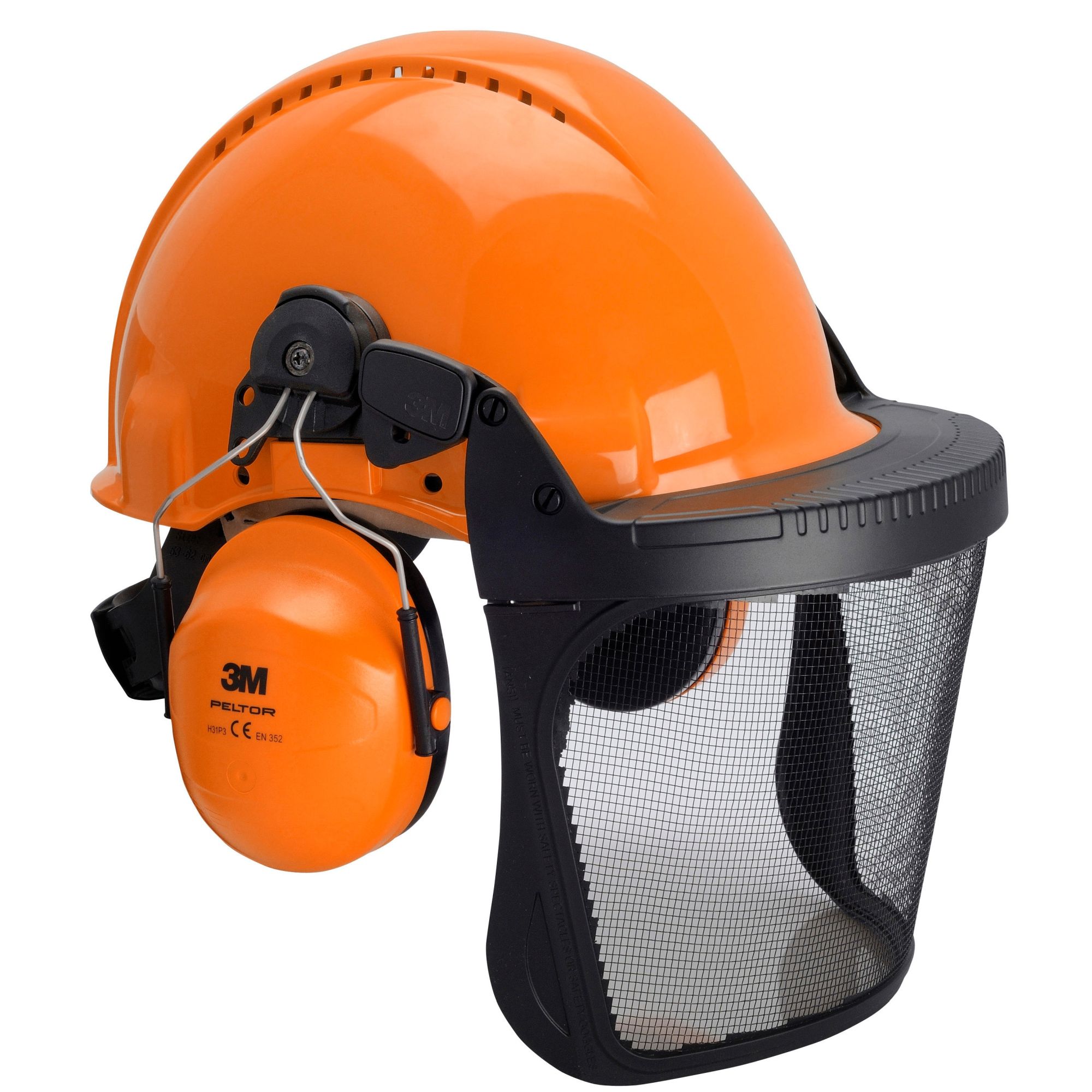 3M™ Combinación de casco forestal, casco naranja G3000, orejeras H31, pantalla facial de malla V5C, G3000NOR31V5C