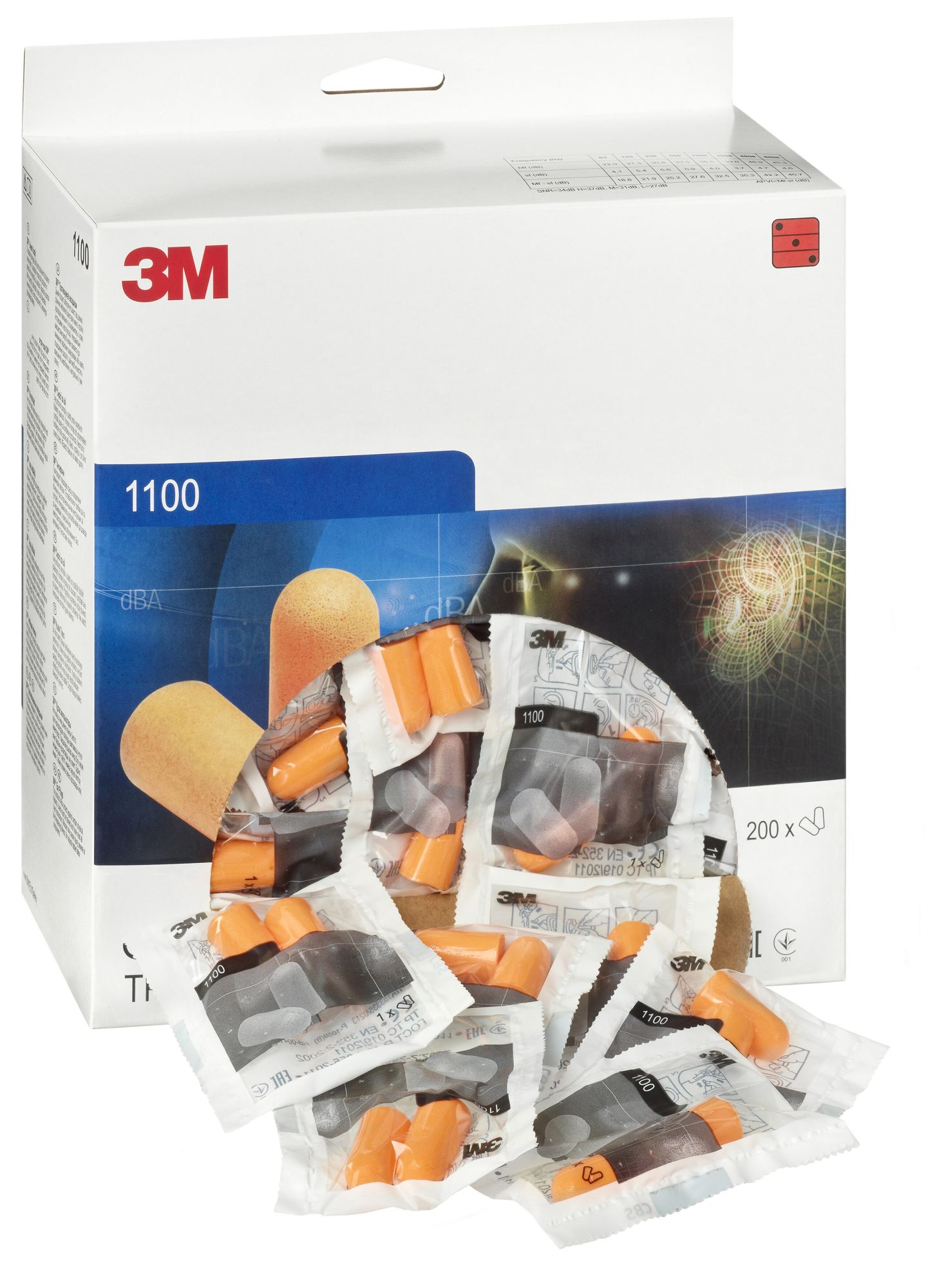 3M™ Tapones Serie 1100 desechables, 37 dB, sin cordón, 200 pares/caja, 1100
