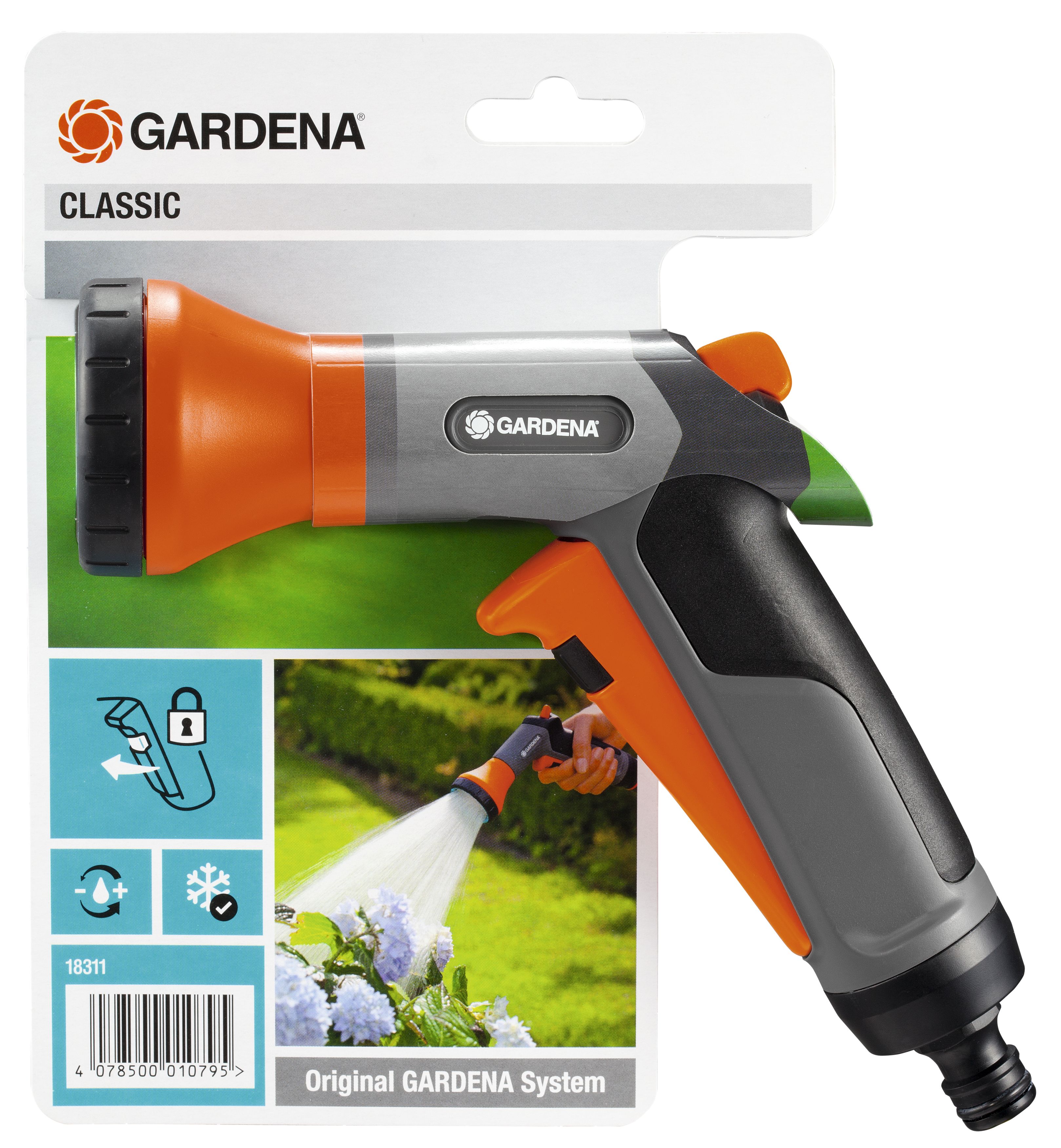 Pistola rociadora de riego multichorro Classic. Blister