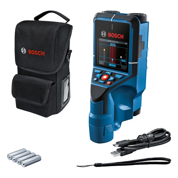 Bosch Professional Detector D-tect 200 C (detección de cables con y sin tensión, tuberías de metal y plástico, pernos de madera y cavidades, cable USB-C™, 4 pilas AA, bolsa protectora)