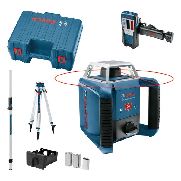 Bosch Professional Nivel láser giratorio GRL 400 H (uso con un solo botón, receptor LR 1, regla graduada GR 240, trípode BT 170, alcance Ø: hasta 400m, en maletín)