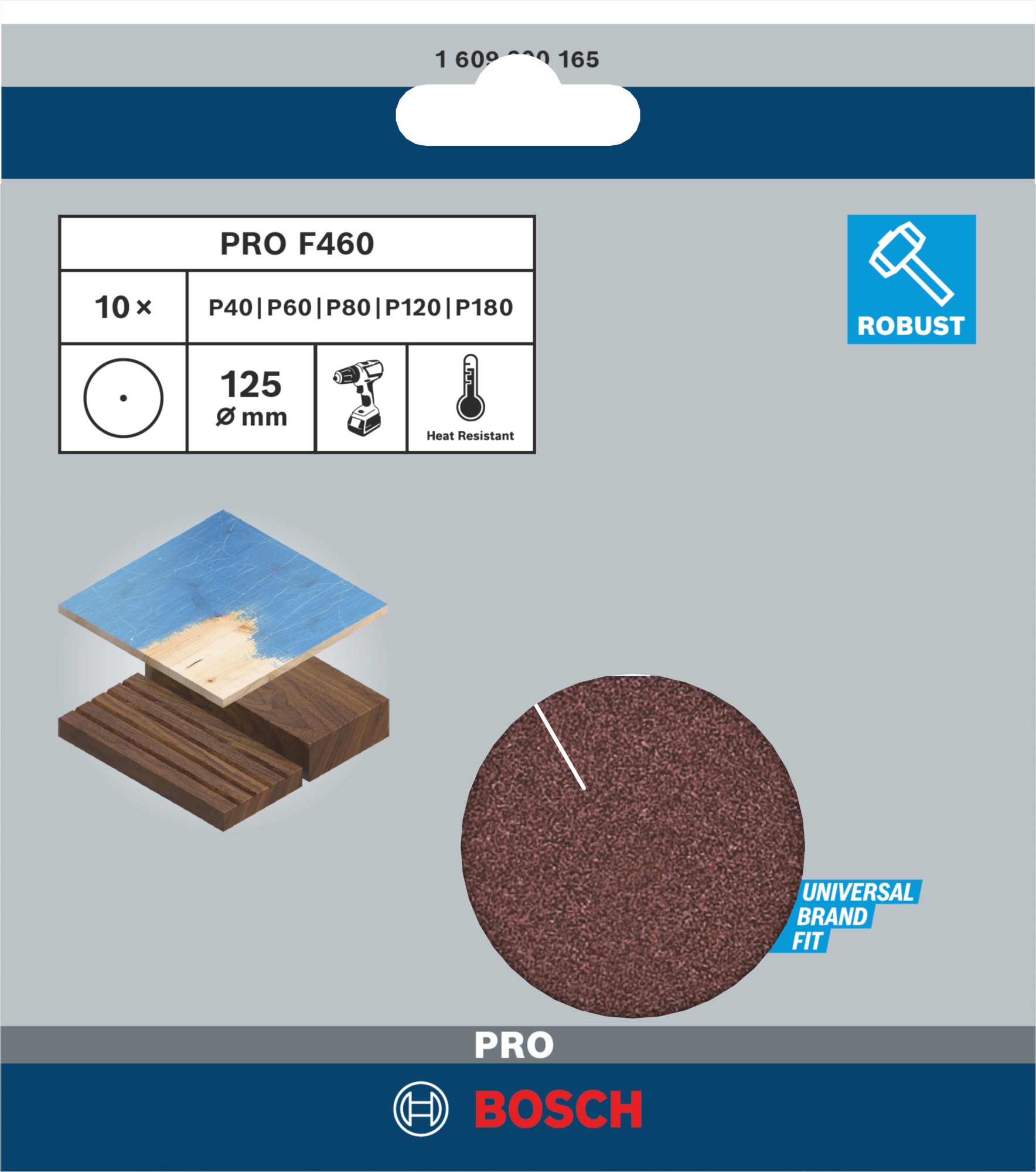 Hoja de lija PRO F460, G40, G60, G80, G120, G180, 125 mm, 10 unidades