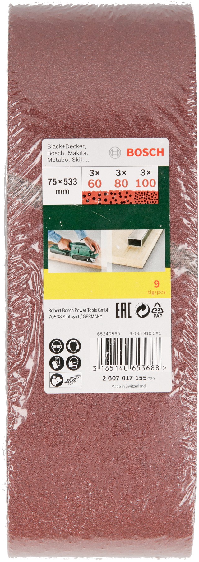 Juego de 9 bandas lijadoras, 75 x 533 mm, grano 60, 80, 100