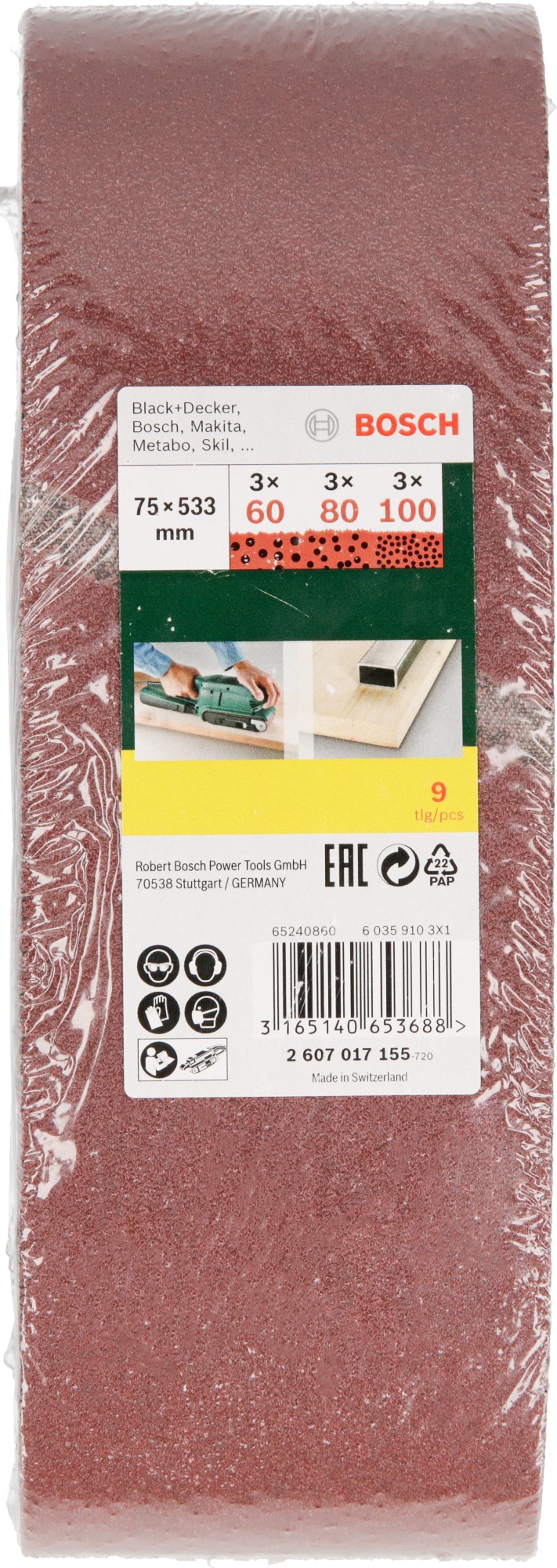 Juego de 9 bandas lijadoras, 75 x 533 mm, grano 60, 80, 100