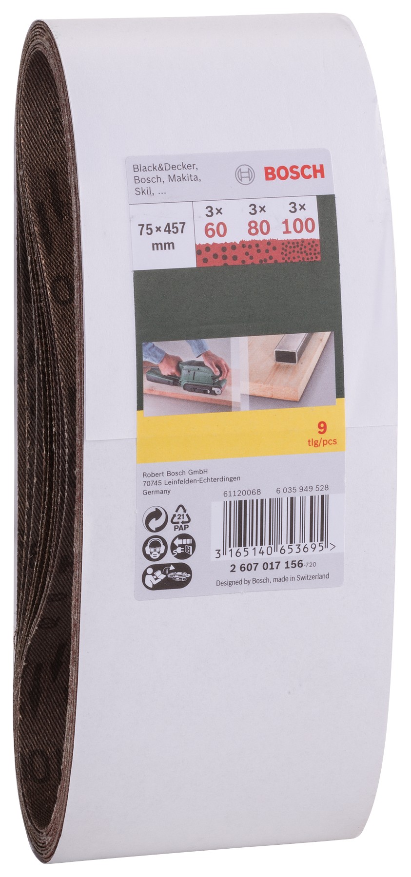 Juego de 9 bandas lijadoras, 75 x 457 mm, grano 60, 80, 100