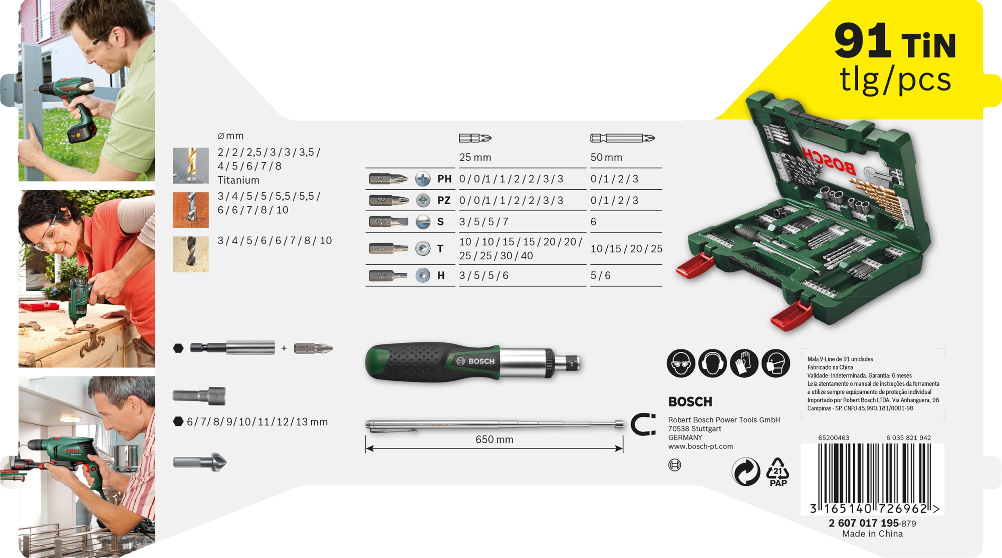 Maletín V-Line de puntas y brocas TiN de 91 piezas con destornillador dinamométrico y barra imantada