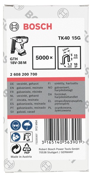 Grapa de lomo estrecho, TK40 15G