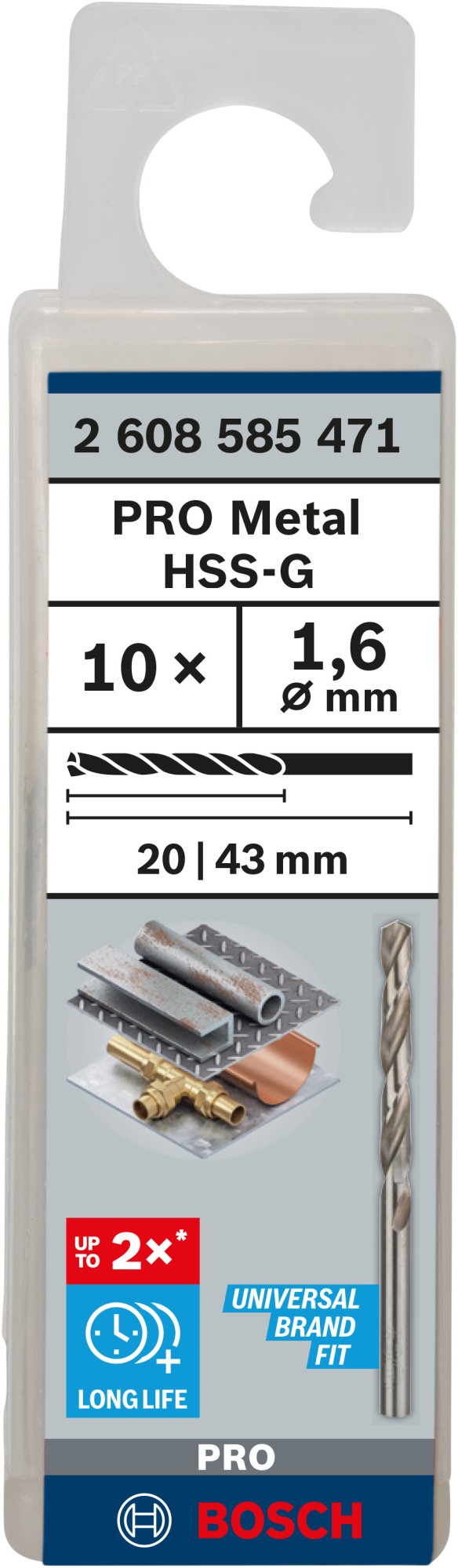 Broca helicoidal PRO Metal HSS-G, longitud estándar, 1,6 x 20 x 43 mm, 10 unidades