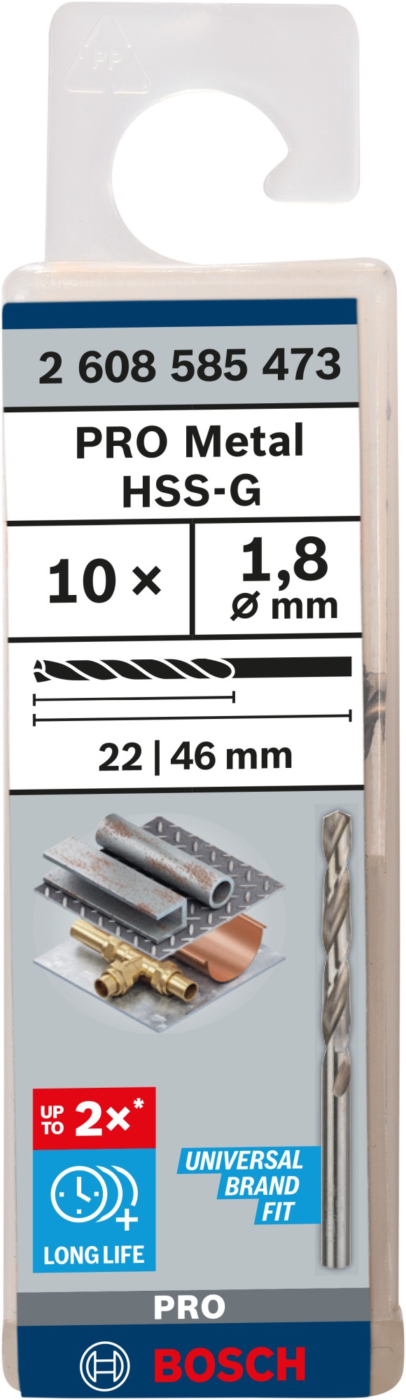 Broca helicoidal PRO Metal HSS-G, longitud estándar, 1,8 x 22 x 46 mm, 10 unidades