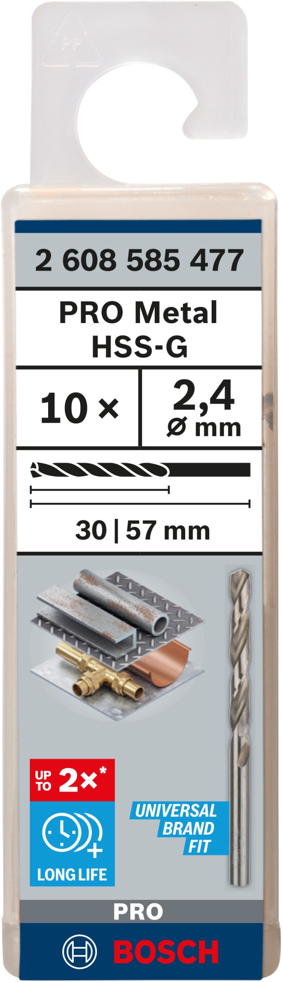 Broca helicoidal PRO Metal HSS-G, longitud estándar, 2,4 x 30 x 57 mm, 10 unidades