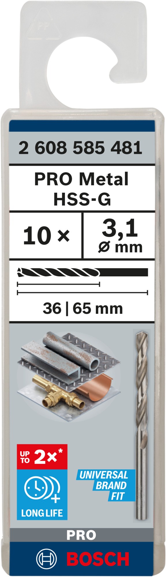 Broca helicoidal PRO Metal HSS-G, longitud estándar, 3,1 x 36 x 65 mm, 10 unidades