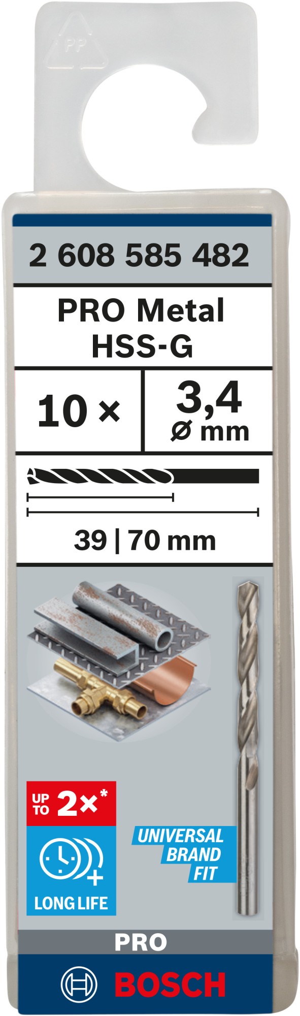 Broca helicoidal PRO Metal HSS-G, longitud estándar, 3,4 x 39 x 70 mm, 10 unidades