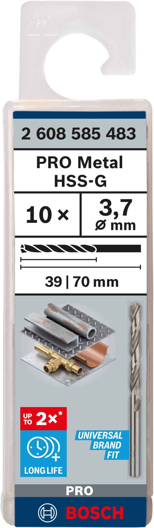 Broca helicoidal PRO Metal HSS-G, longitud estándar, 3,7 x 39 x 70 mm, 10 unidades