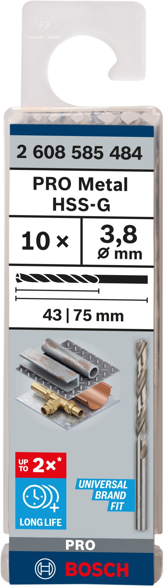 Broca helicoidal PRO Metal HSS-G, longitud estándar, 3,8 x 43 x 75 mm, 10 unidades