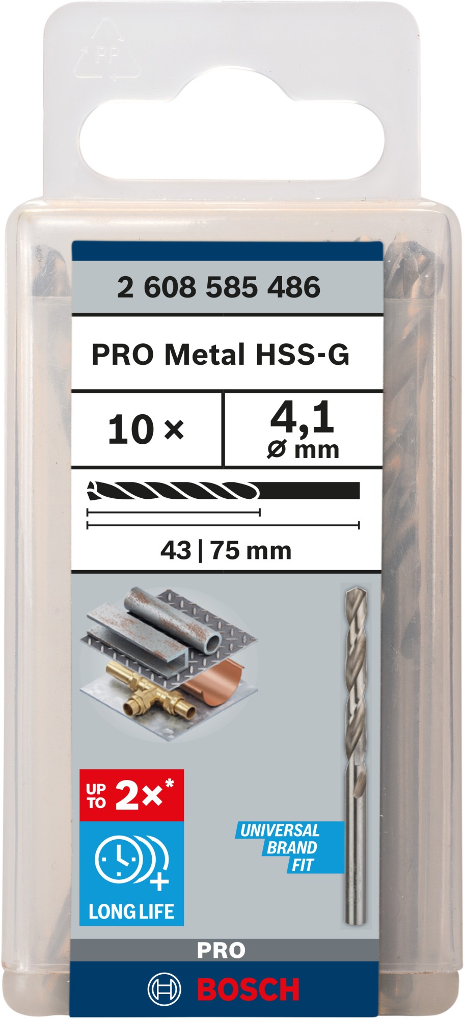 Broca helicoidal PRO Metal HSS-G, longitud estándar, 4,1 x 43 x 75 mm, 10 unidades