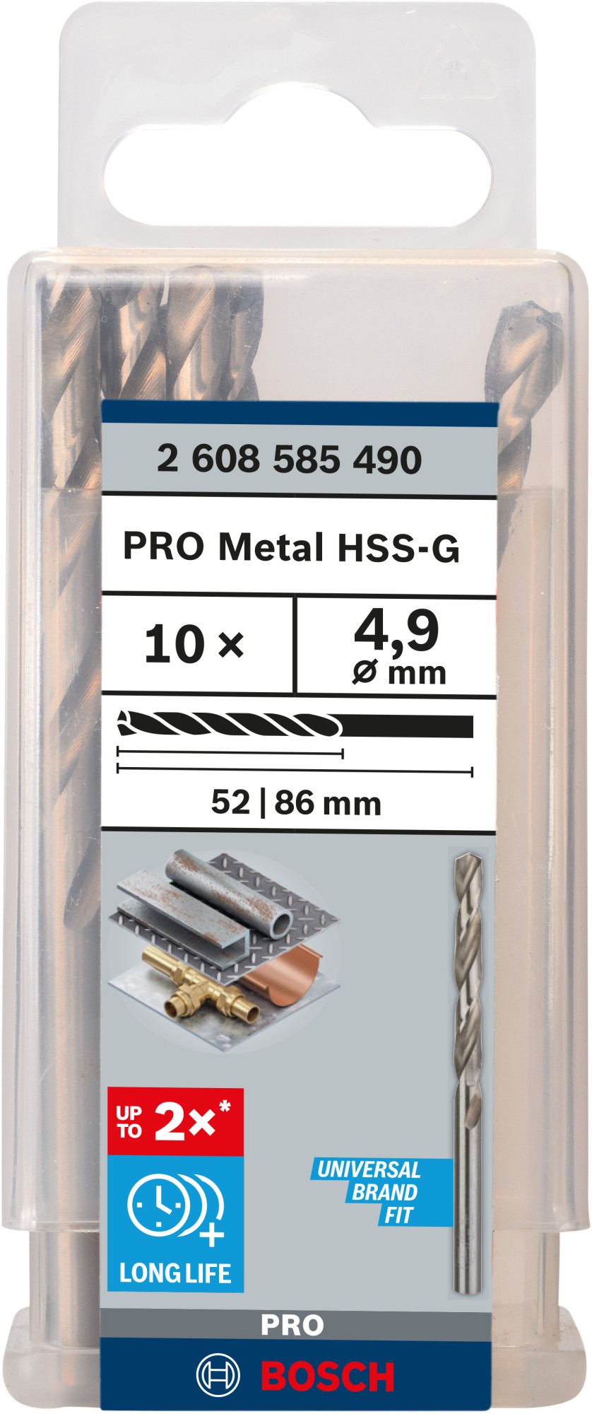 Broca helicoidal PRO Metal HSS-G, longitud estándar, 4,9 x 52 x 86 mm, 10 unidades