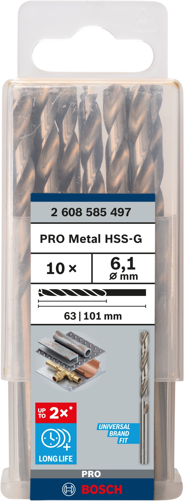 Broca helicoidal PRO Metal HSS-G, longitud estándar, 6,1 x 63 x 101 mm, 10 unidades