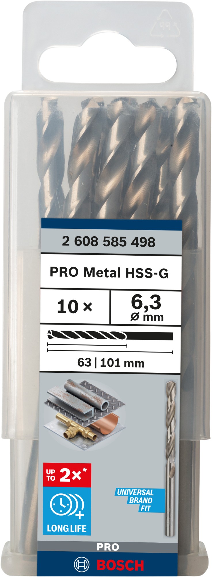 Broca helicoidal PRO Metal HSS-G, longitud estándar, 6,3 x 63 x 101 mm, 10 unidades