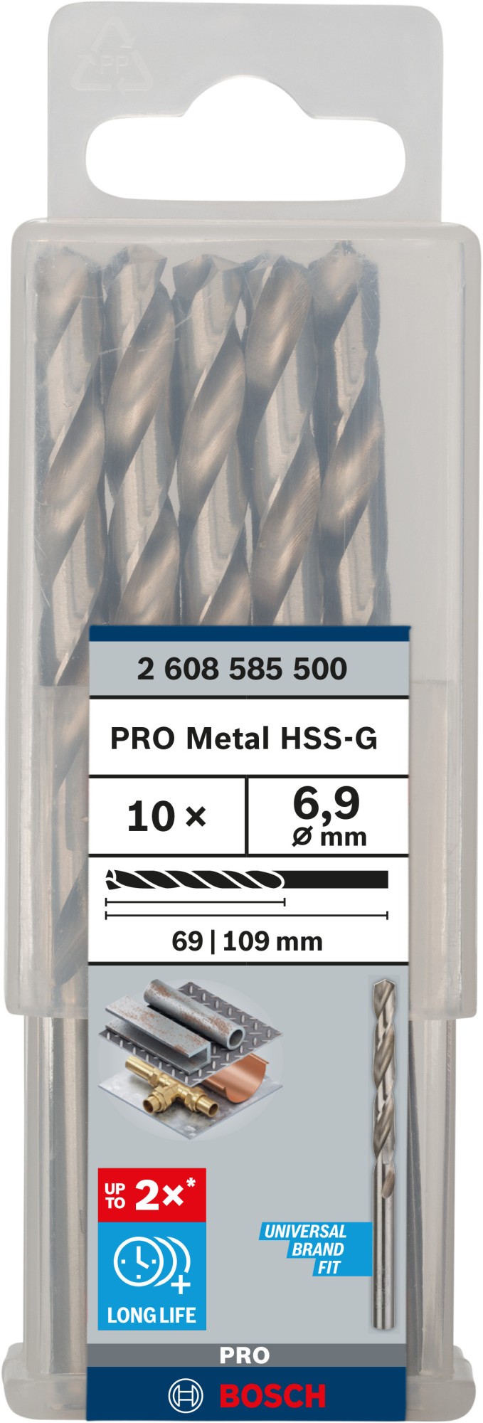 Broca helicoidal PRO Metal HSS-G, longitud estándar, 6,9 x 69 x 109 mm, 10 unidades
