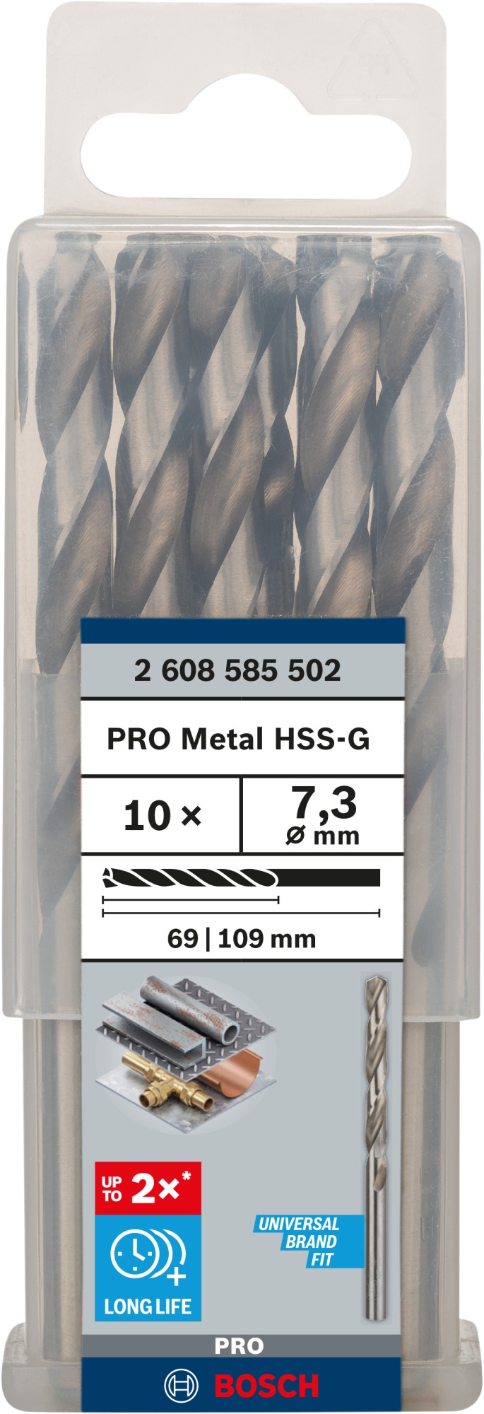 Broca helicoidal PRO Metal HSS-G, longitud estándar, 7,3 x 69 x 109 mm, 10 unidades
