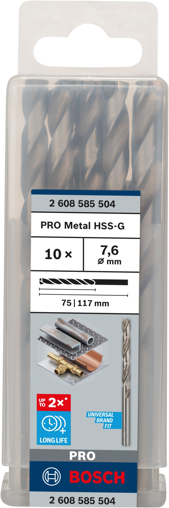 Broca helicoidal PRO Metal HSS-G, longitud estándar, 7,6 x 75 x 117 mm, 10 unidades