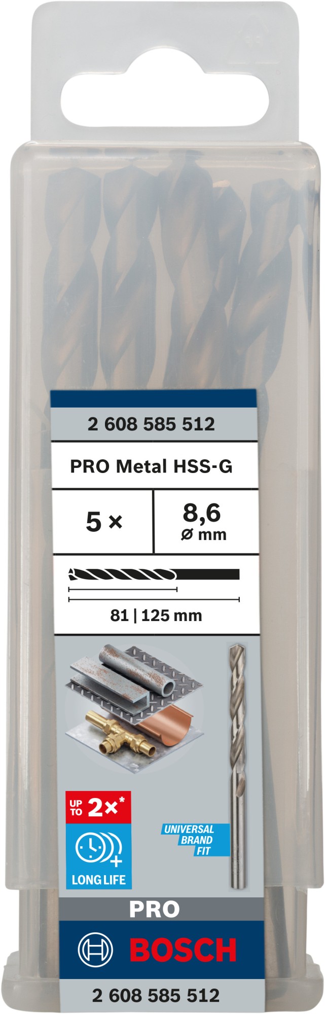 Broca helicoidal PRO Metal HSS-G, longitud estándar, 8,6 x 81 x 125 mm, 5 unidades