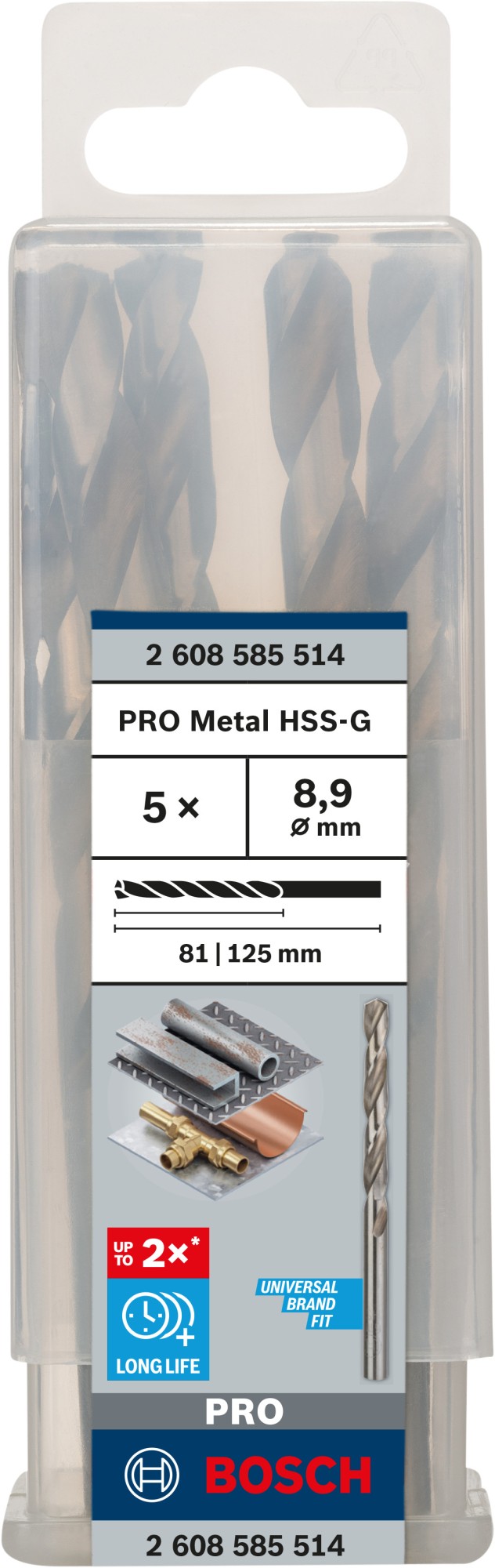 Broca helicoidal PRO Metal HSS-G, longitud estándar, 8,9 x 81 x 125 mm, 5 unidades