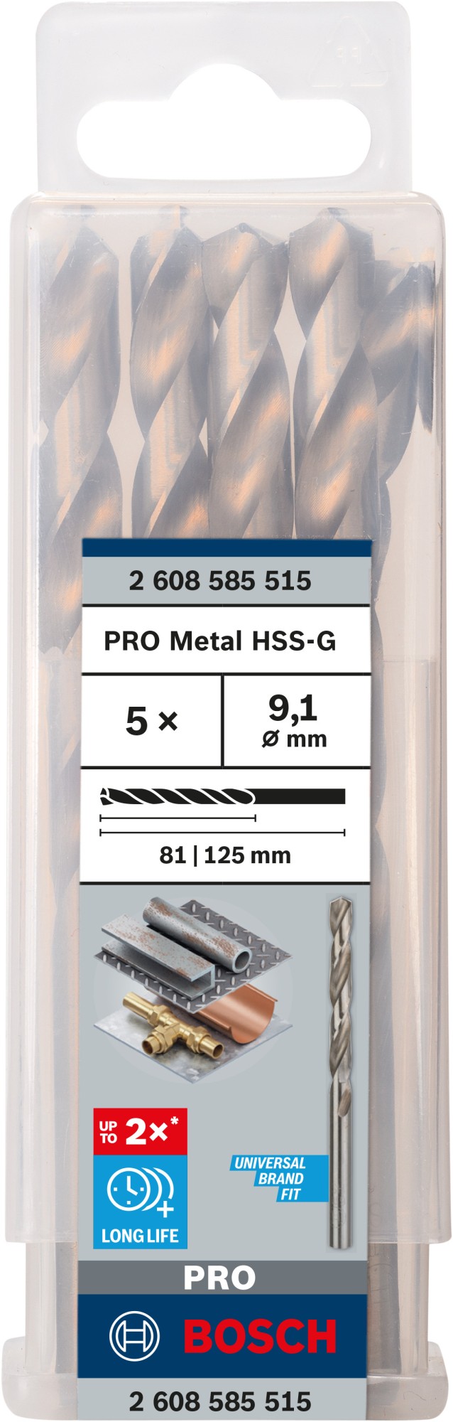 Broca helicoidal PRO Metal HSS-G, longitud estándar, 9,1 x 81 x 125 mm, 5 unidades