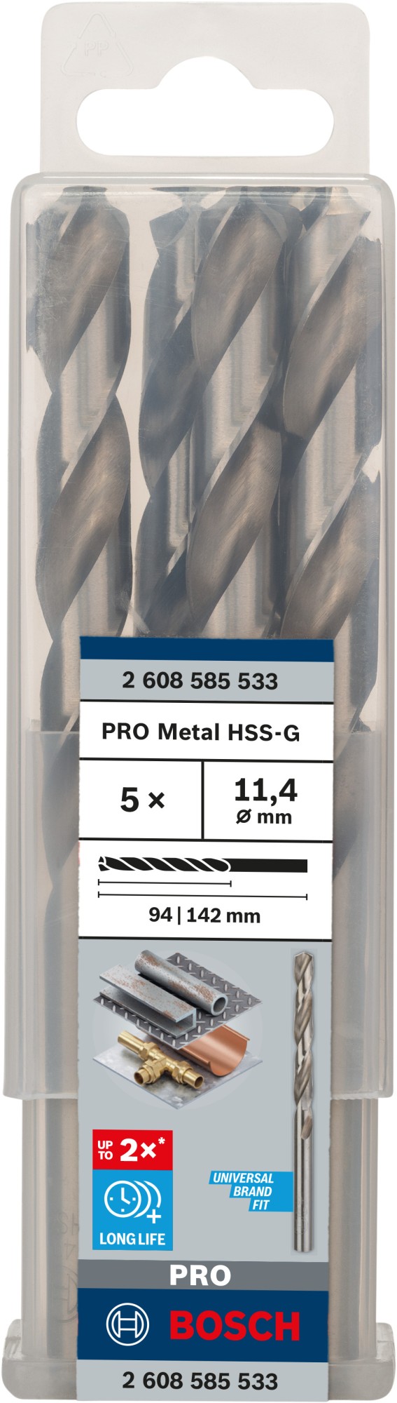 Broca helicoidal PRO Metal HSS-G, longitud estándar, 11,4 x 94 x 142 mm, 5 unidades