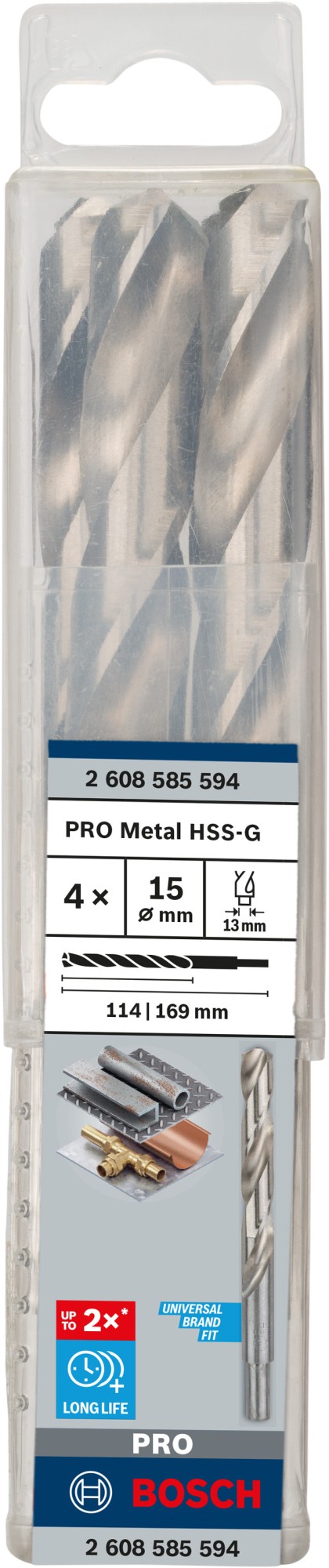 Broca helicoidal PRO Metal HSS-G, longitud estándar, 15 x 114 x 169 mm, 4 unidades