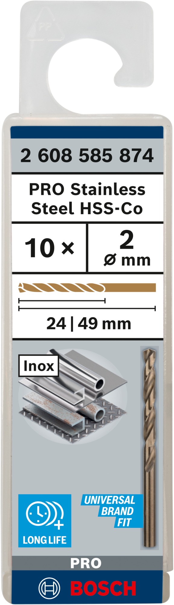 Broca helicoidal PRO Stainless Steel HSS-Co, 2 x 24 x 49 mm, 10 unidades