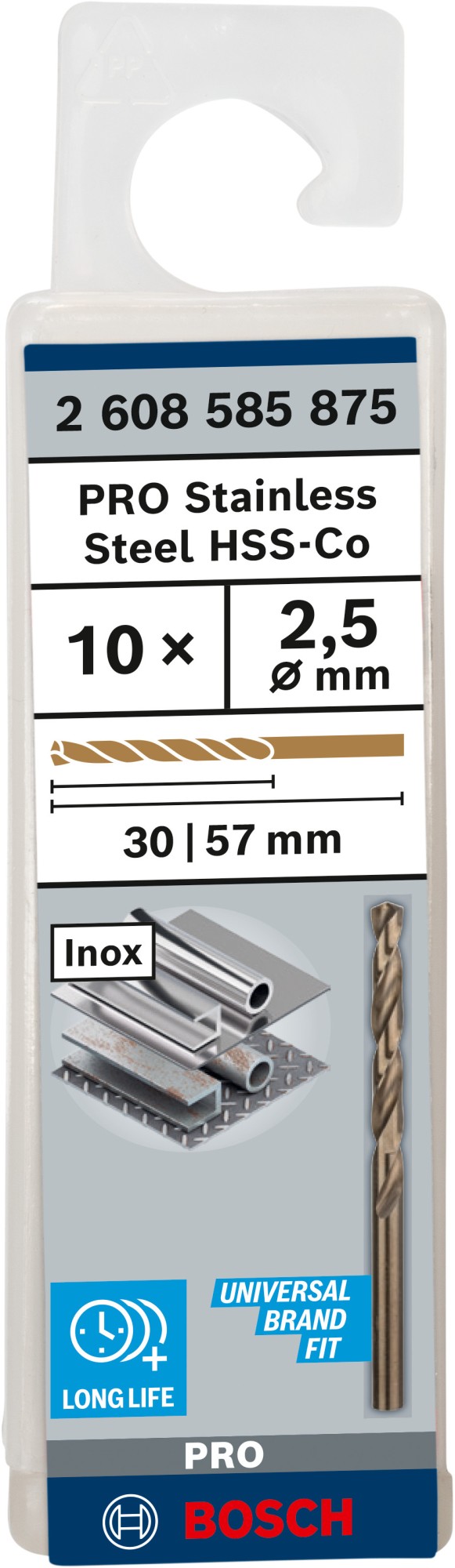 Broca helicoidal PRO Stainless Steel HSS-Co, 2 x 30 x 57 mm, 10 unidades