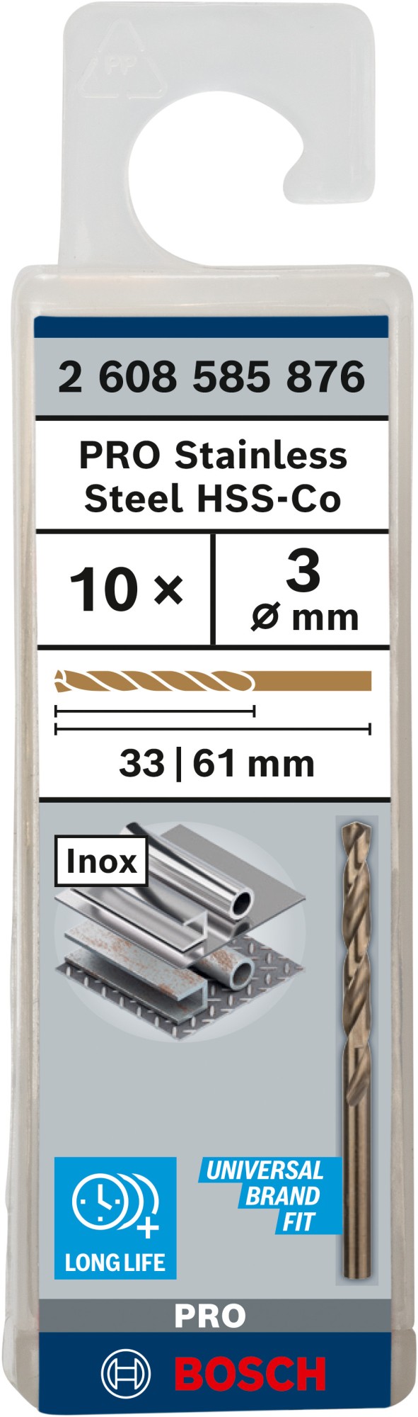 Broca helicoidal PRO Stainless Steel HSS-Co, 3 x 33 x 61 mm, 10 unidades