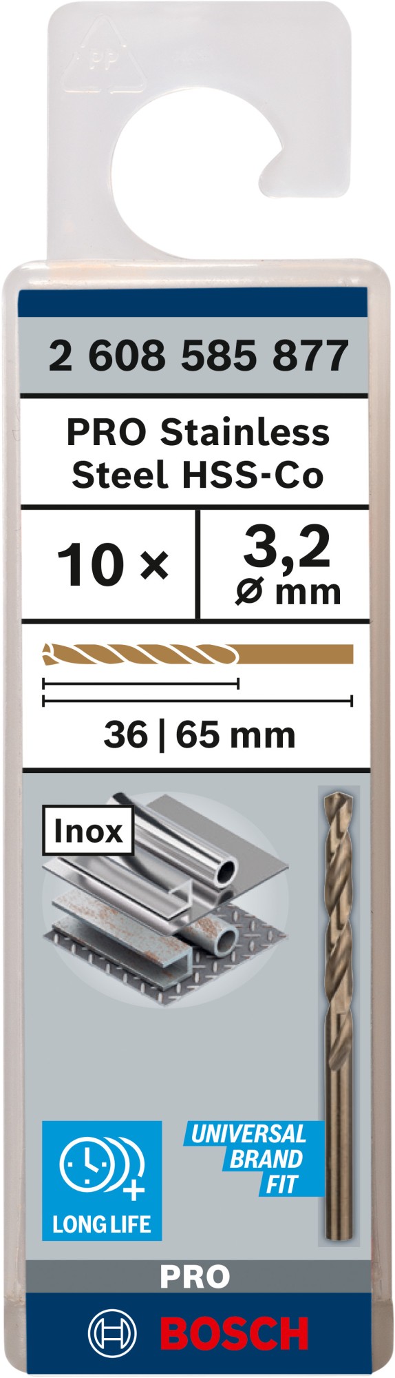 Broca helicoidal PRO Stainless Steel HSS-Co, 3,2 x 36 x 65 mm, 10 unidades