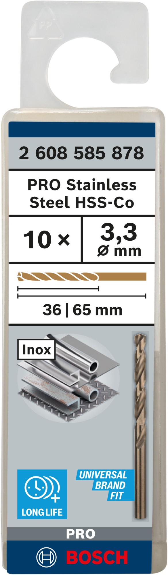 Broca helicoidal PRO Stainless Steel HSS-Co, 3,3 x 36 x 65 mm, 10 unidades
