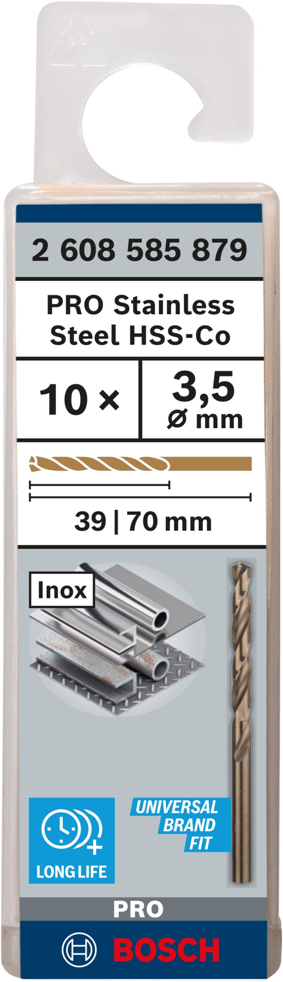 Broca helicoidal PRO Stainless Steel HSS-Co, 3,5 x 39 x 70 mm, 10 unidades