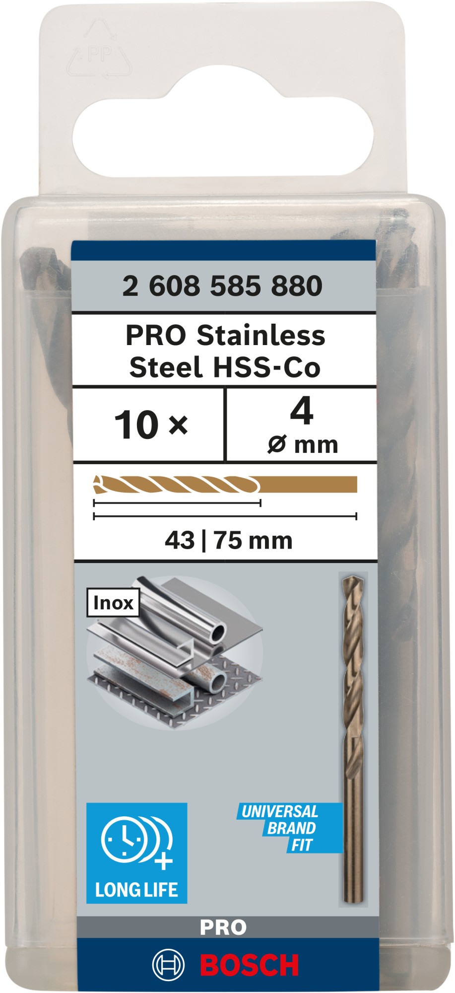 Broca helicoidal PRO Stainless Steel HSS-Co, 4 x 43 x 75 mm, 10 unidades