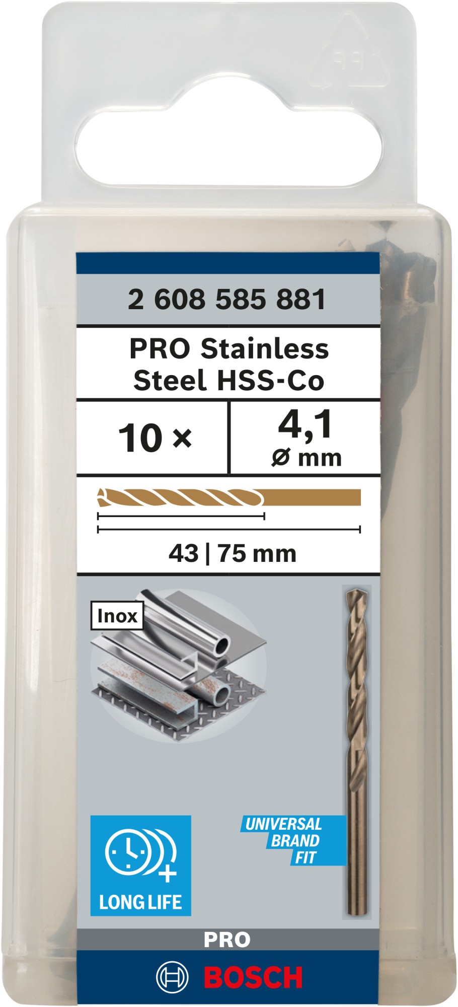 Broca helicoidal PRO Stainless Steel HSS-Co, 4,1 x 43 x 75 mm, 10 unidades