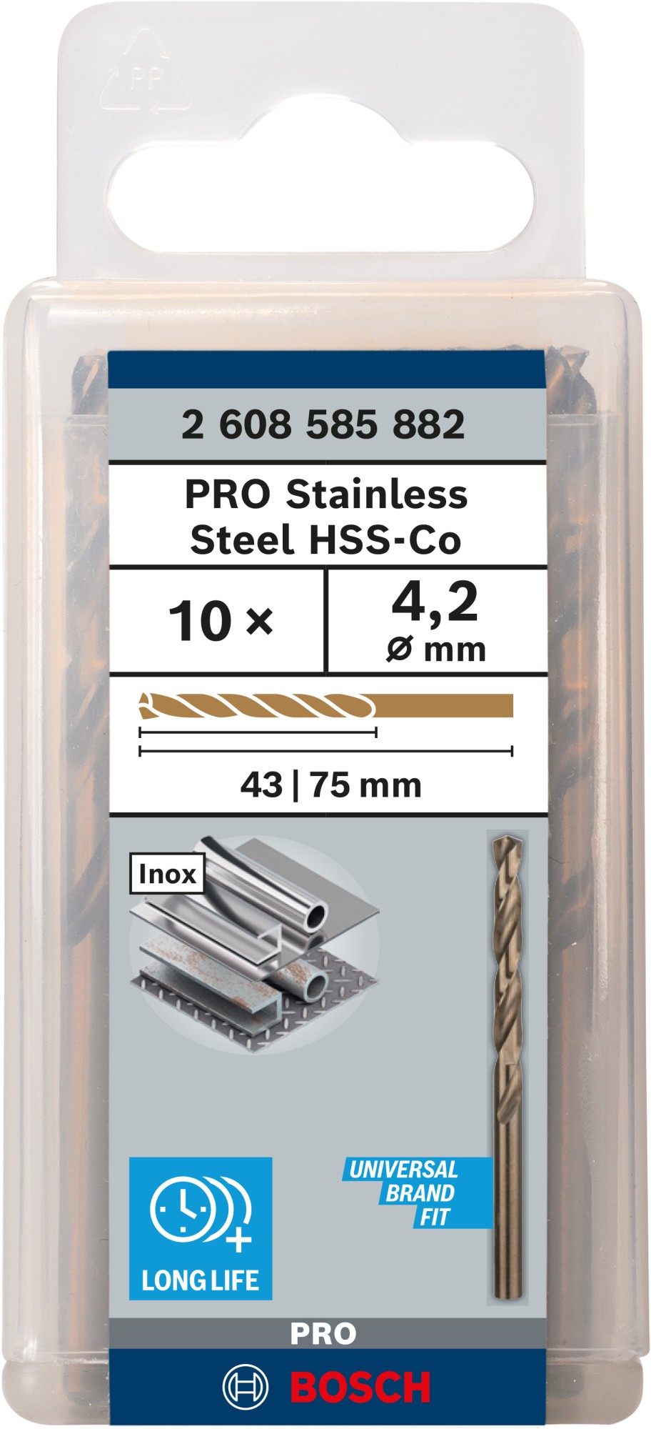 Broca helicoidal PRO Stainless Steel HSS-Co, 4,2 x 43 x 75 mm, 10 unidades