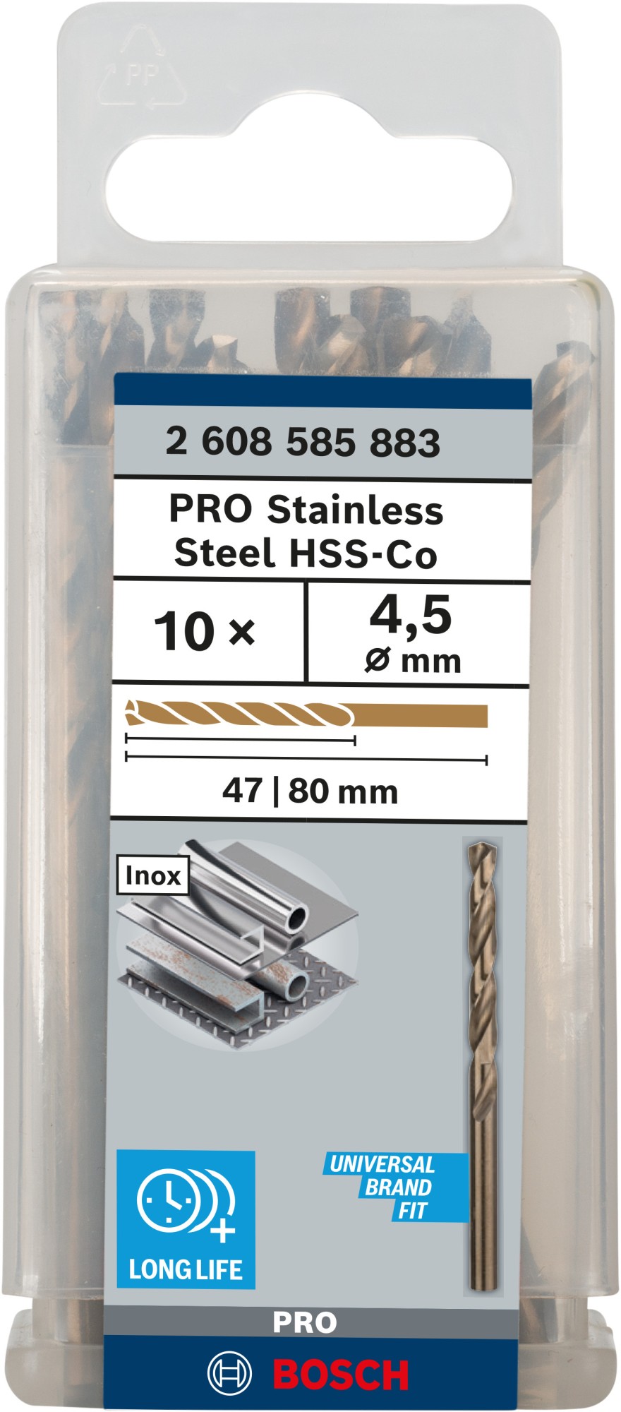 Broca helicoidal PRO Stainless Steel HSS-Co, 4,5 x 47 x 80 mm, 10 unidades