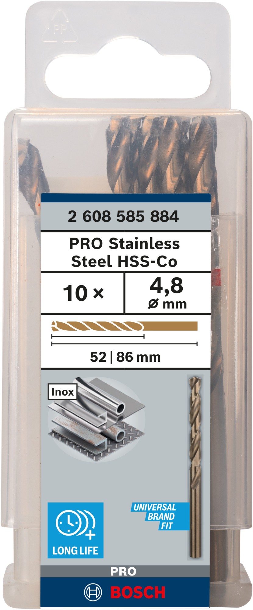 Broca helicoidal PRO Stainless Steel HSS-Co, 4,8 x 52 x 86 mm, 10 unidades