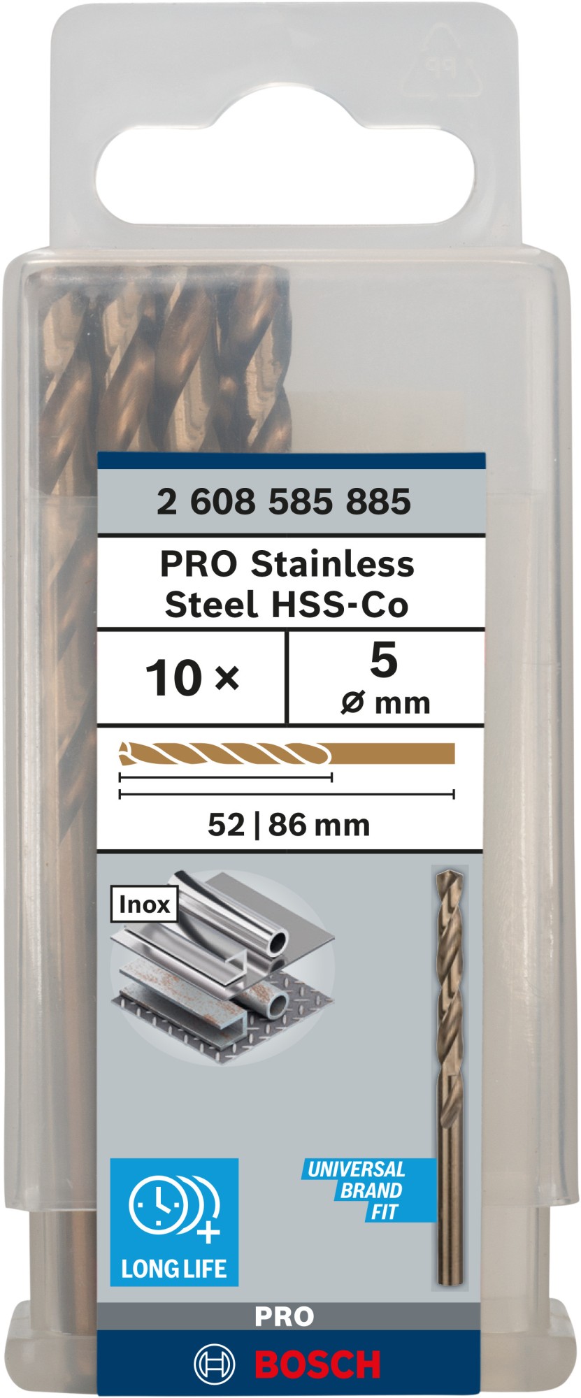 Broca helicoidal PRO Stainless Steel HSS-Co, 5 x 52 x 86 mm, 10 unidades