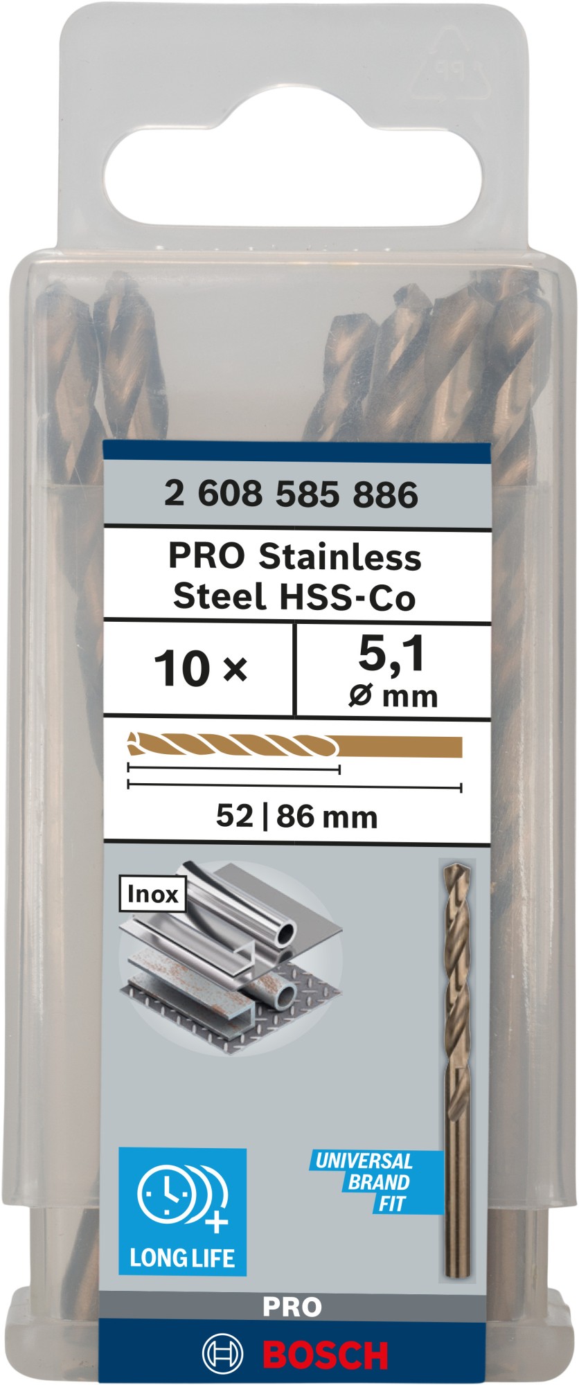 Broca helicoidal PRO Stainless Steel HSS-Co, 5,1 x 52 x 86 mm, 10 unidades
